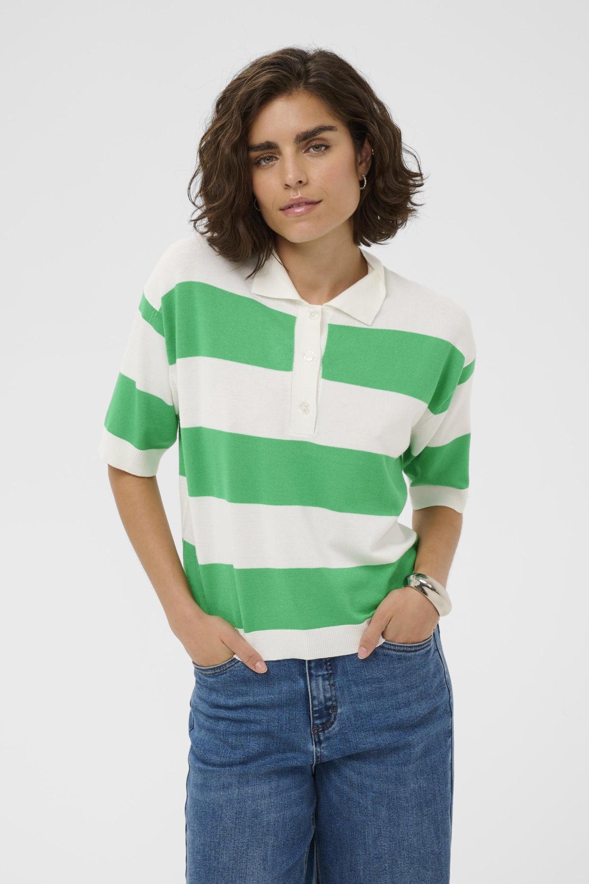 KAlizza Polo Knit Chalk/Bright Green Stripe - 10 - 10509932