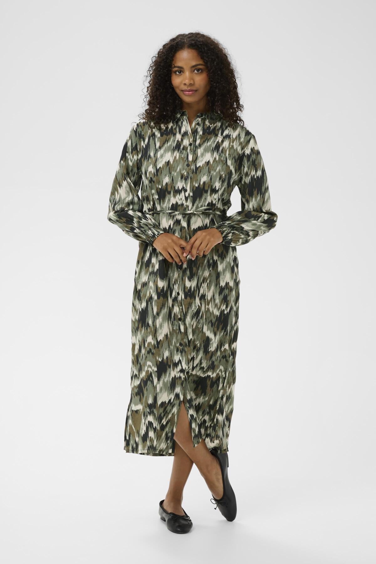 KAkia Shirt Dress Green Black Abstract Graphic - - 10511176