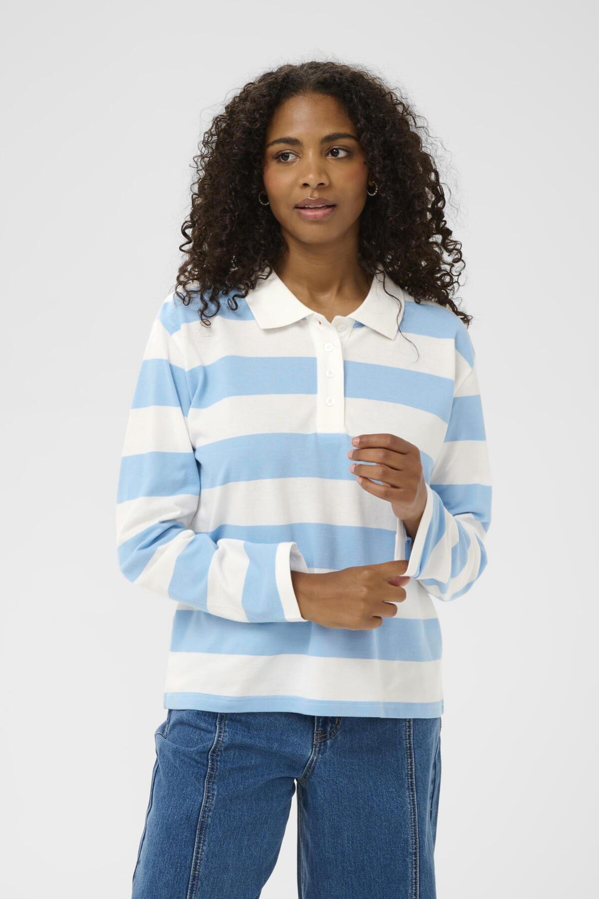 KAmiala Polo LS T-Shirt Chalk With Powder Blue stripe - 10511189