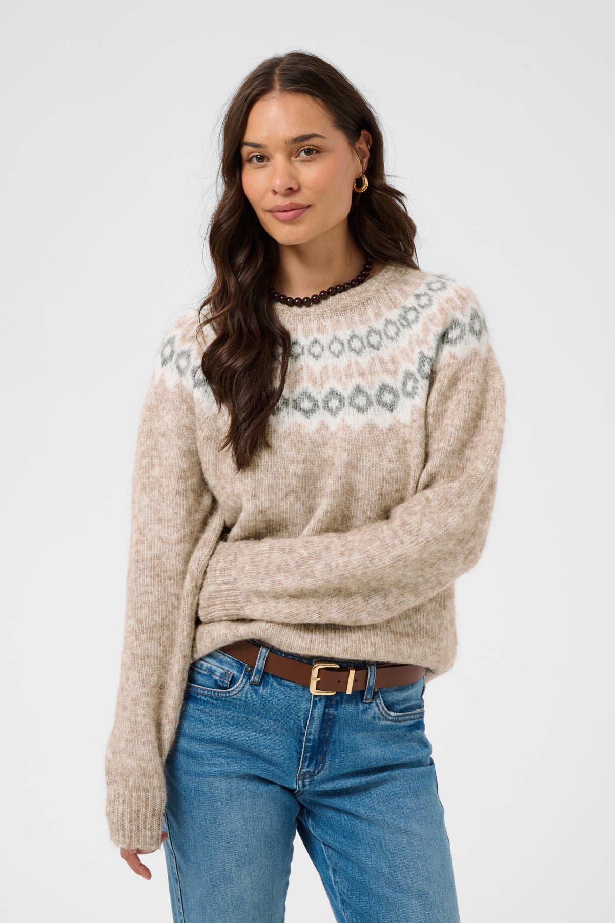KAberta Pullover Beige Mel. -Grey/Chalk Pattern - 10512107