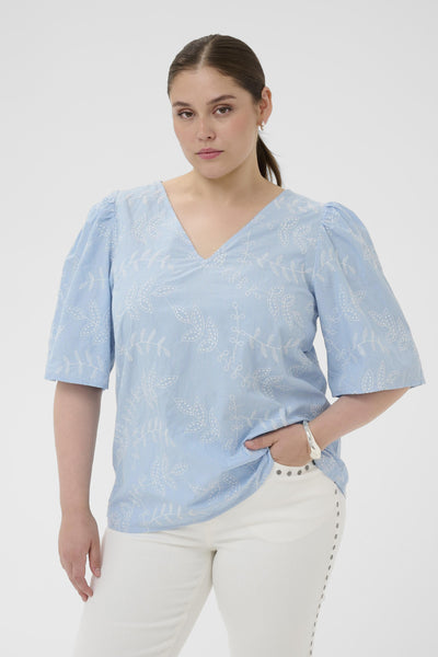 KCcarlee Short SL Blouse White Blue Embroidery Stripe - - 10584034 Thumbnail