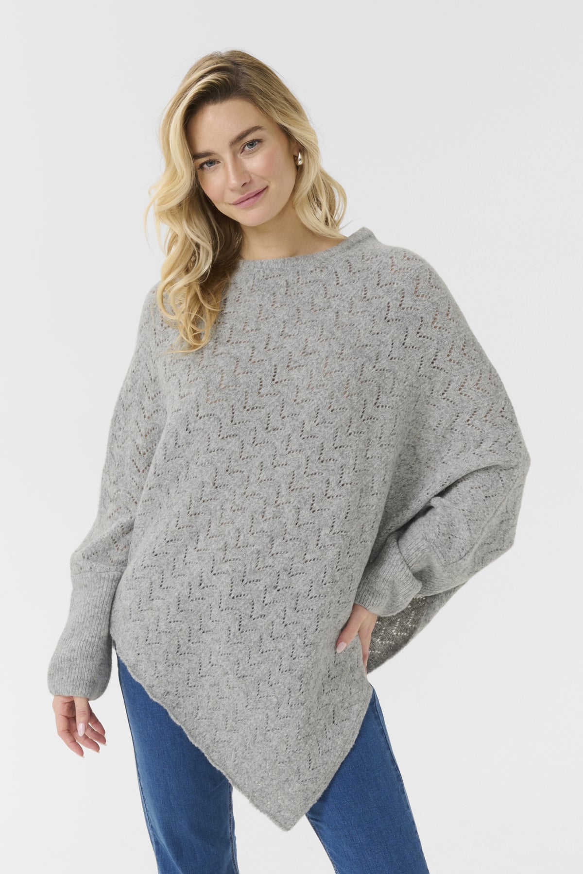 CRHoliday O-neck Knit Poncho Light Grey Melange - 100827 - 10613709