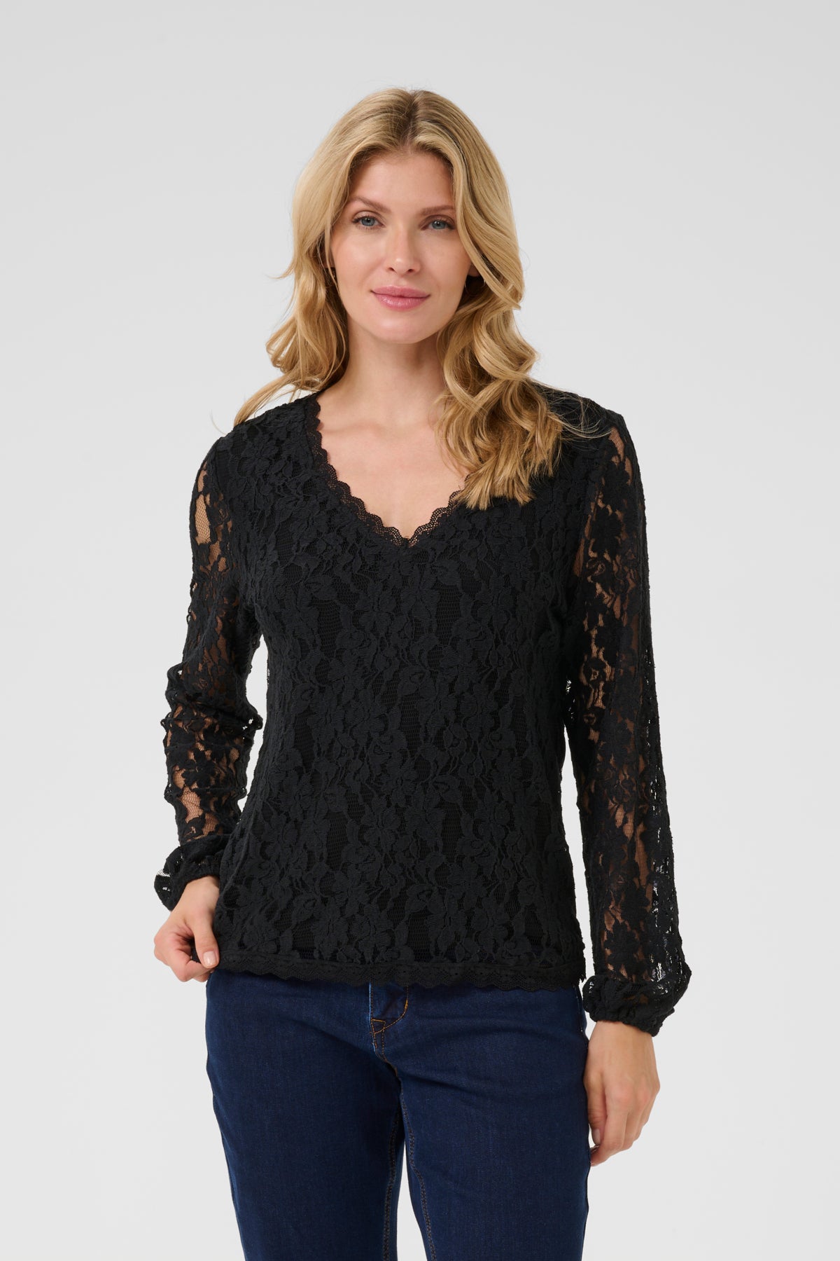 CRKit V-Neck Lace Blouse Pitch Black - 10614067