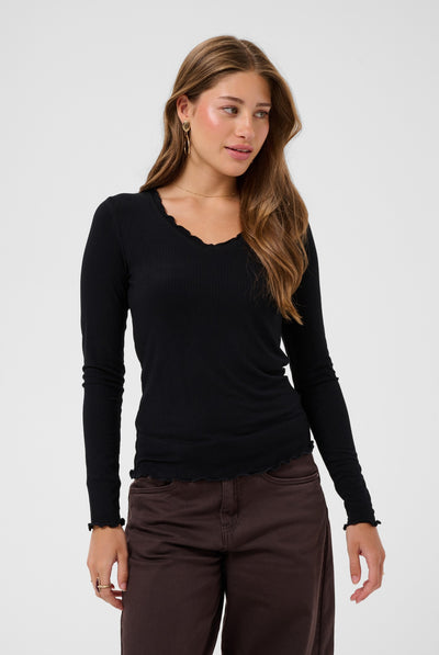 CRRibba LS V-neck Tshirt Pitch Black - 100120 - 10615480 Thumbnail