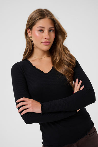 CRRibba LS V-neck Tshirt Pitch Black - 100120 - 10615480 Thumbnail