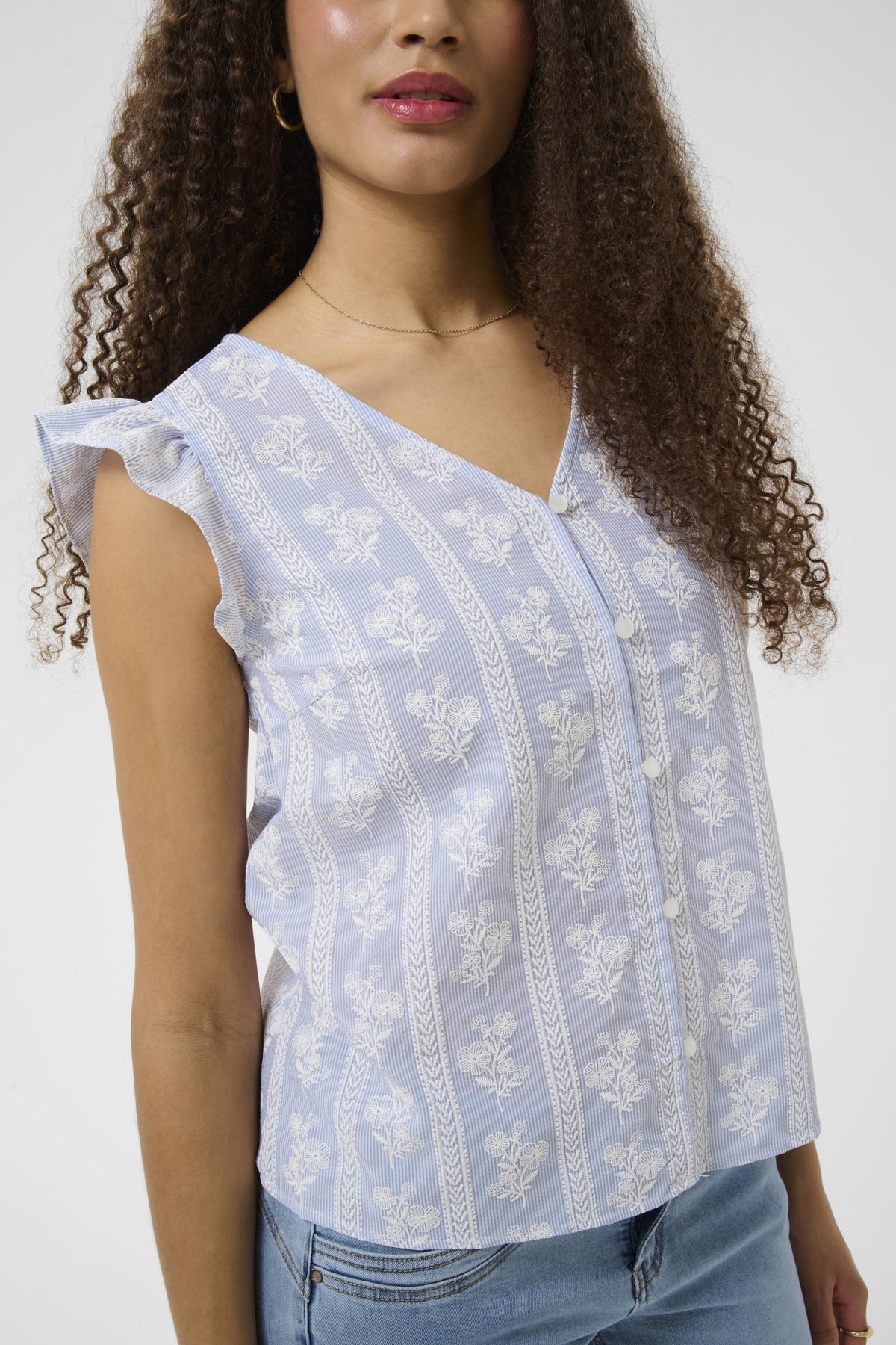 CRAmmeli Sleeveless Blouse Blue White Stripe w. Flowers - - 10615763