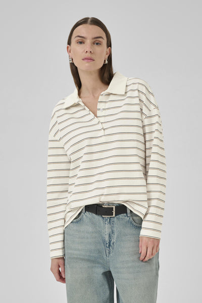 AnnaMW LS Polo Blouse Snow White Striped - 10705296 Thumbnail
