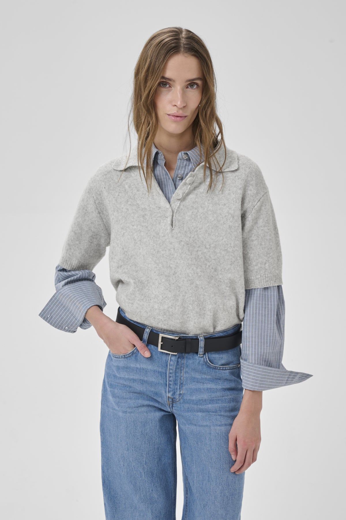 MWPaloma Fine Knit Polo SS Light Grey Melange - 100378 - 10705455