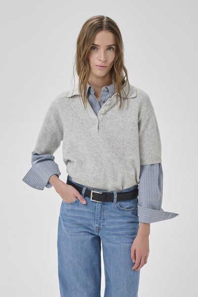 MWPaloma Fine Knit Polo SS Light Grey Melange - 100378 - 10705455 Thumbnail