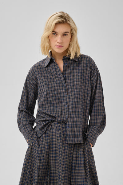 MWLennie Boxy Check Shirt Dark Sapphire Blue Check - 107 - 10705701 Thumbnail