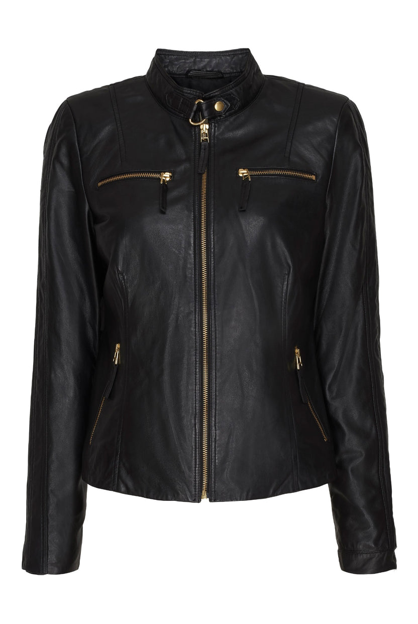 Biker Jacket with Collar Black w. Gold acc. - 11024RF – BUSTEDWOMAN