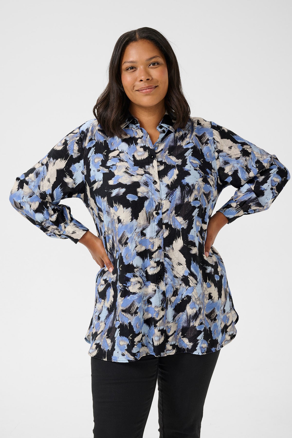 KCtoria Shirt Tunic Black/Blue Graphic Strokes