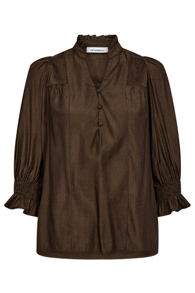 AilaCC Frill SS V-Blouse 83-Mocca - 35866 Thumbnail