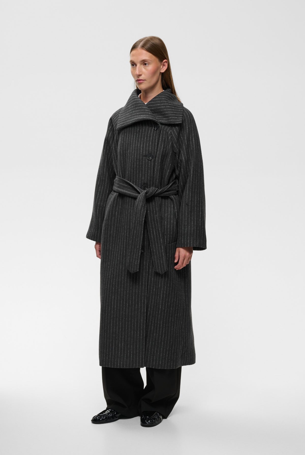 ZORAHIW LONG COAT PINSTRIPED DARK GREY MELANGE PINSTRIPE - - 30112650