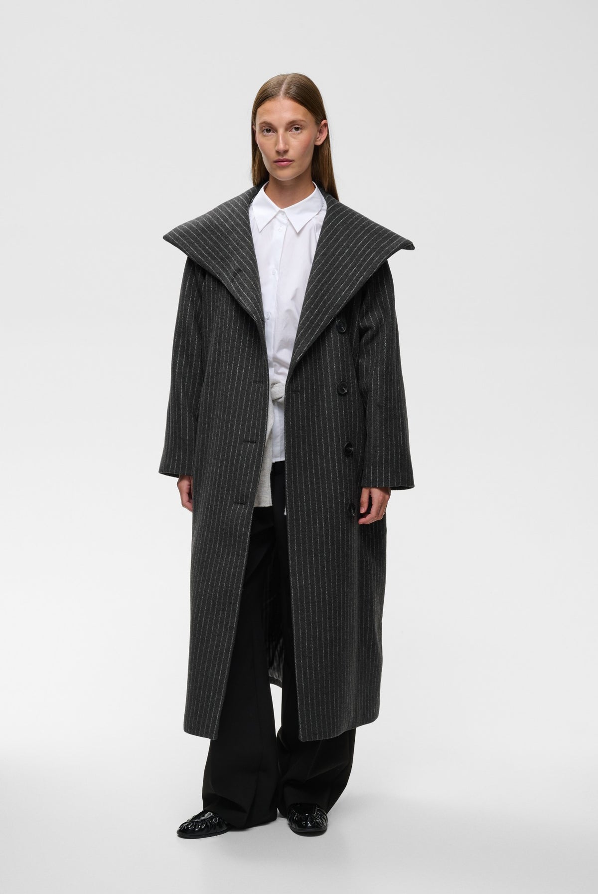 ZORAHIW LONG COAT PINSTRIPED DARK GREY MELANGE PINSTRIPE - - 30112650
