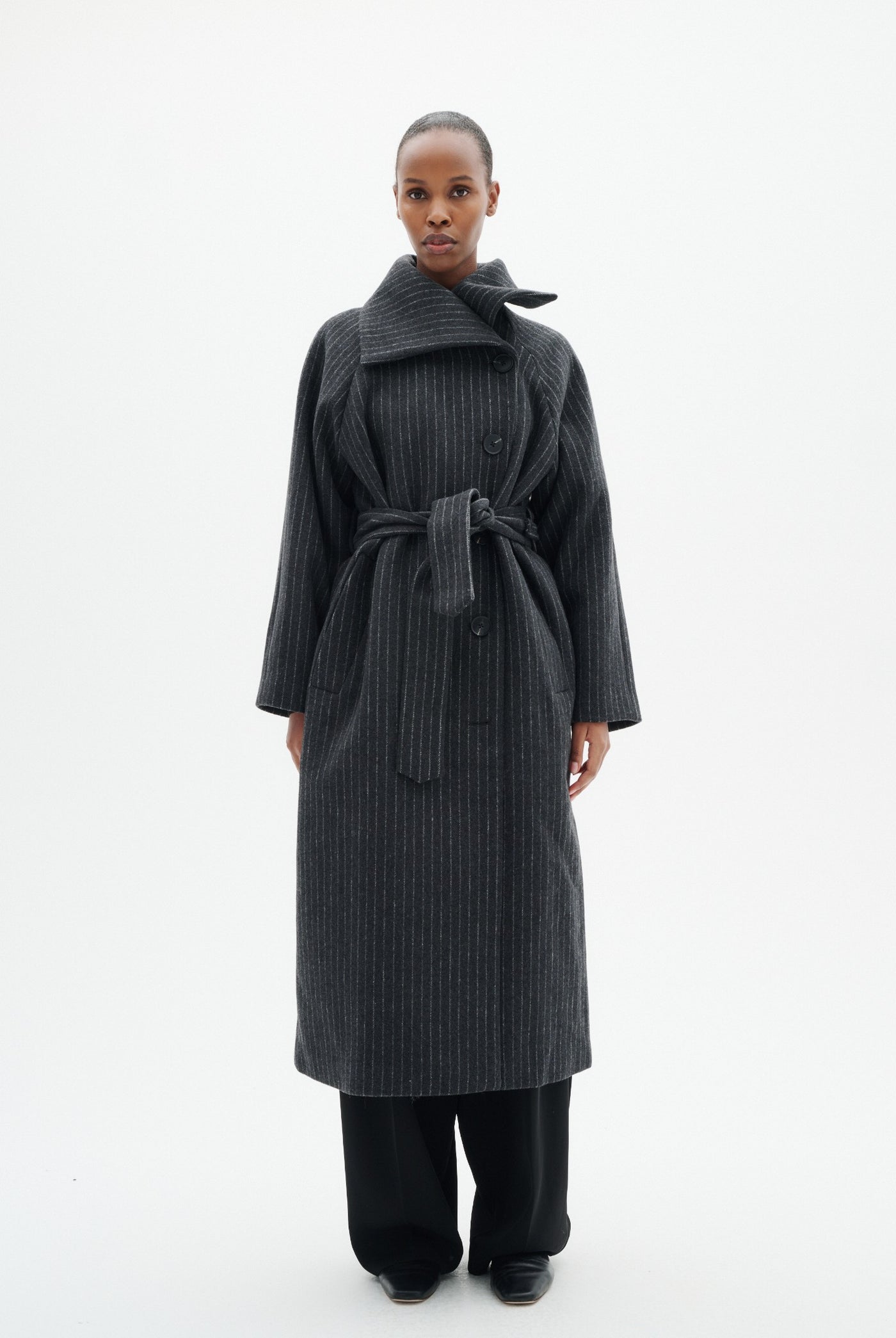 ZORAHIW LONG COAT PINSTRIPED DARK GREY MELANGE PINSTRIPE - - 30112650