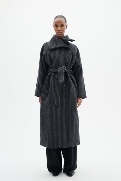 ZORAHIW LONG COAT PINSTRIPED DARK GREY MELANGE PINSTRIPE - - 30112650 Thumbnail