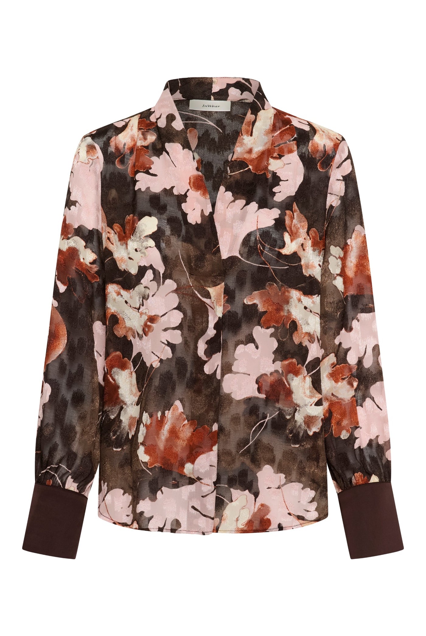 MASONIW V-NECK BLOUSE BROWN W PINK FALL LEAVES - 900 - 30112831