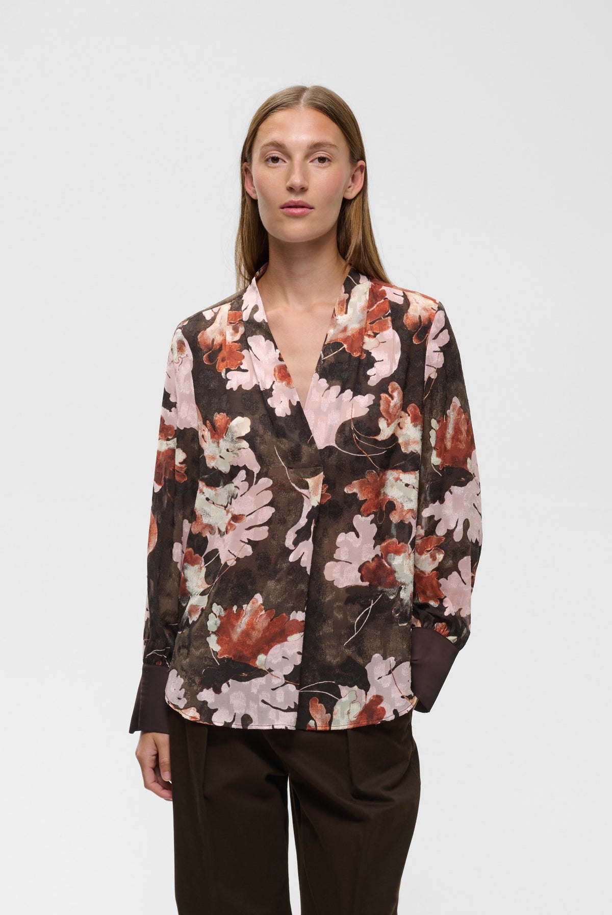 MASONIW V-NECK BLOUSE BROWN W PINK FALL LEAVES - 900 - 30112831