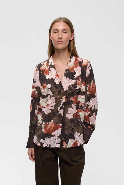 MASONIW V-NECK BLOUSE BROWN W PINK FALL LEAVES - 900 - 30112831 Thumbnail