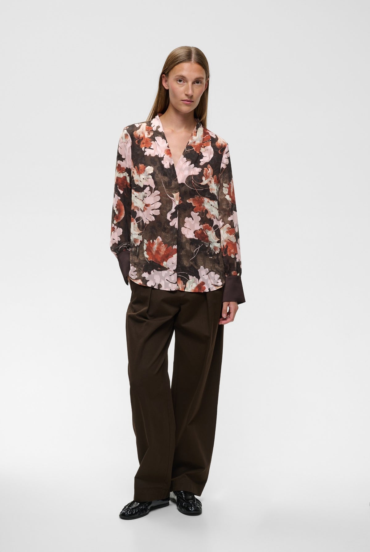 MASONIW V-NECK BLOUSE BROWN W PINK FALL LEAVES - 900 - 30112831