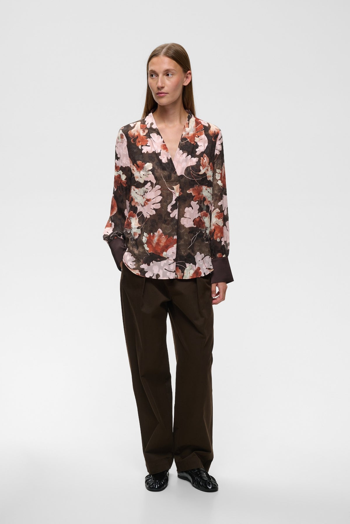 MASONIW V-NECK BLOUSE BROWN W PINK FALL LEAVES - 900 - 30112831
