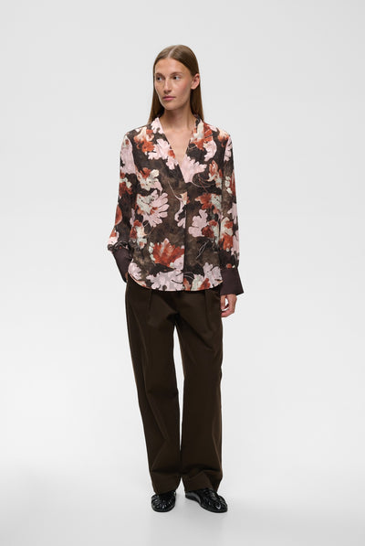 MASONIW V-NECK BLOUSE BROWN W PINK FALL LEAVES - 900 - 30112831 Thumbnail