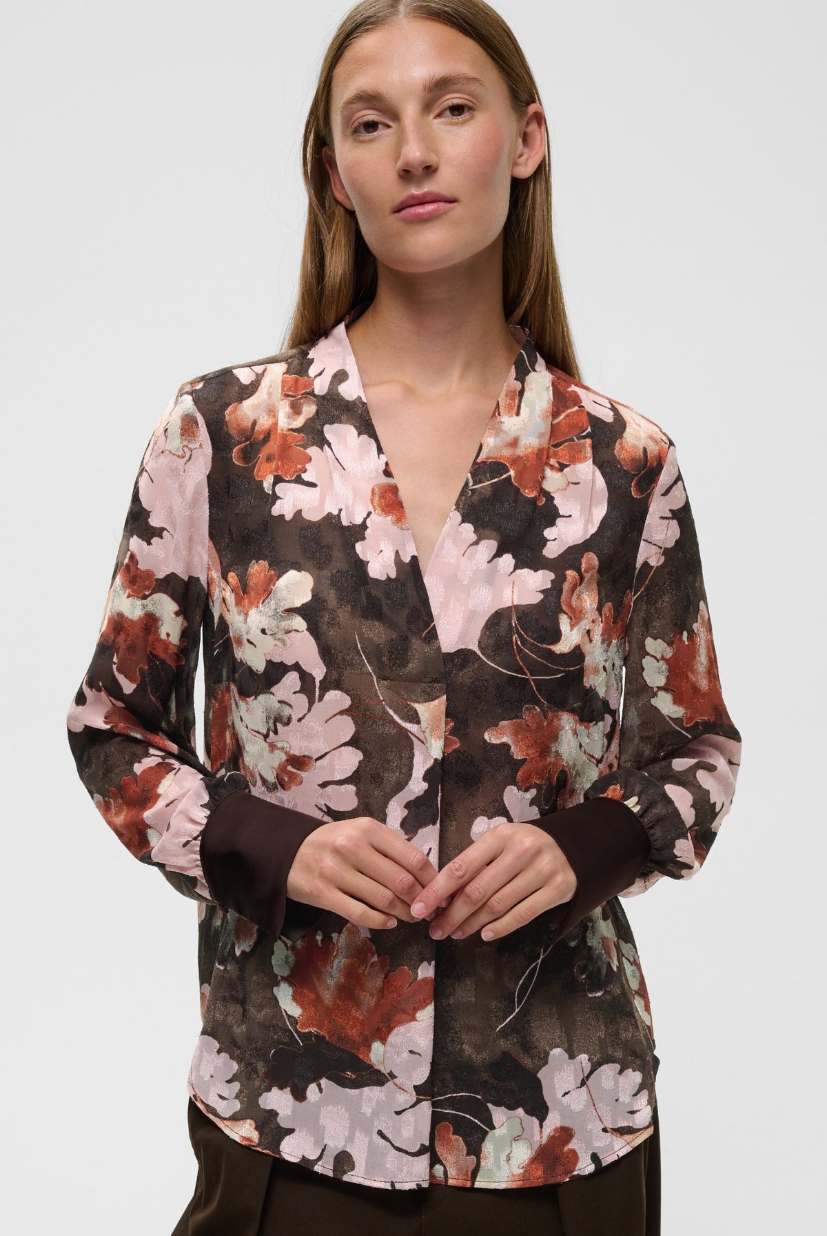 MASONIW V-NECK BLOUSE BROWN W PINK FALL LEAVES - 900 - 30112831