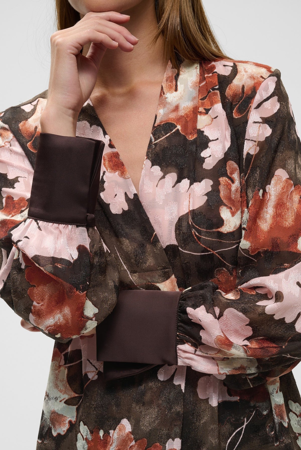 MASONIW V-NECK BLOUSE BROWN W PINK FALL LEAVES - 900 - 30112831