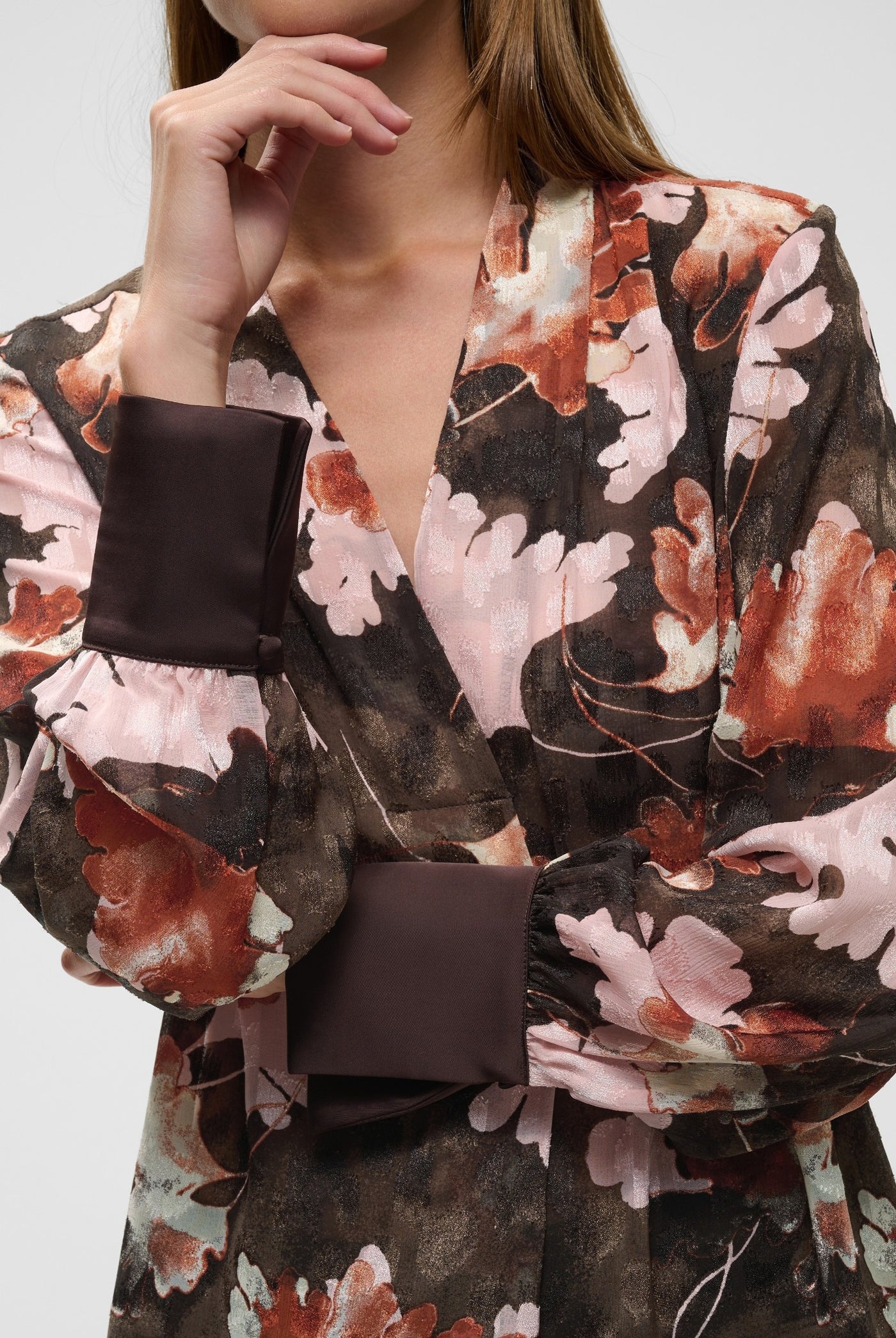 MASONIW V-NECK BLOUSE BROWN W PINK FALL LEAVES - 900 - 30112831