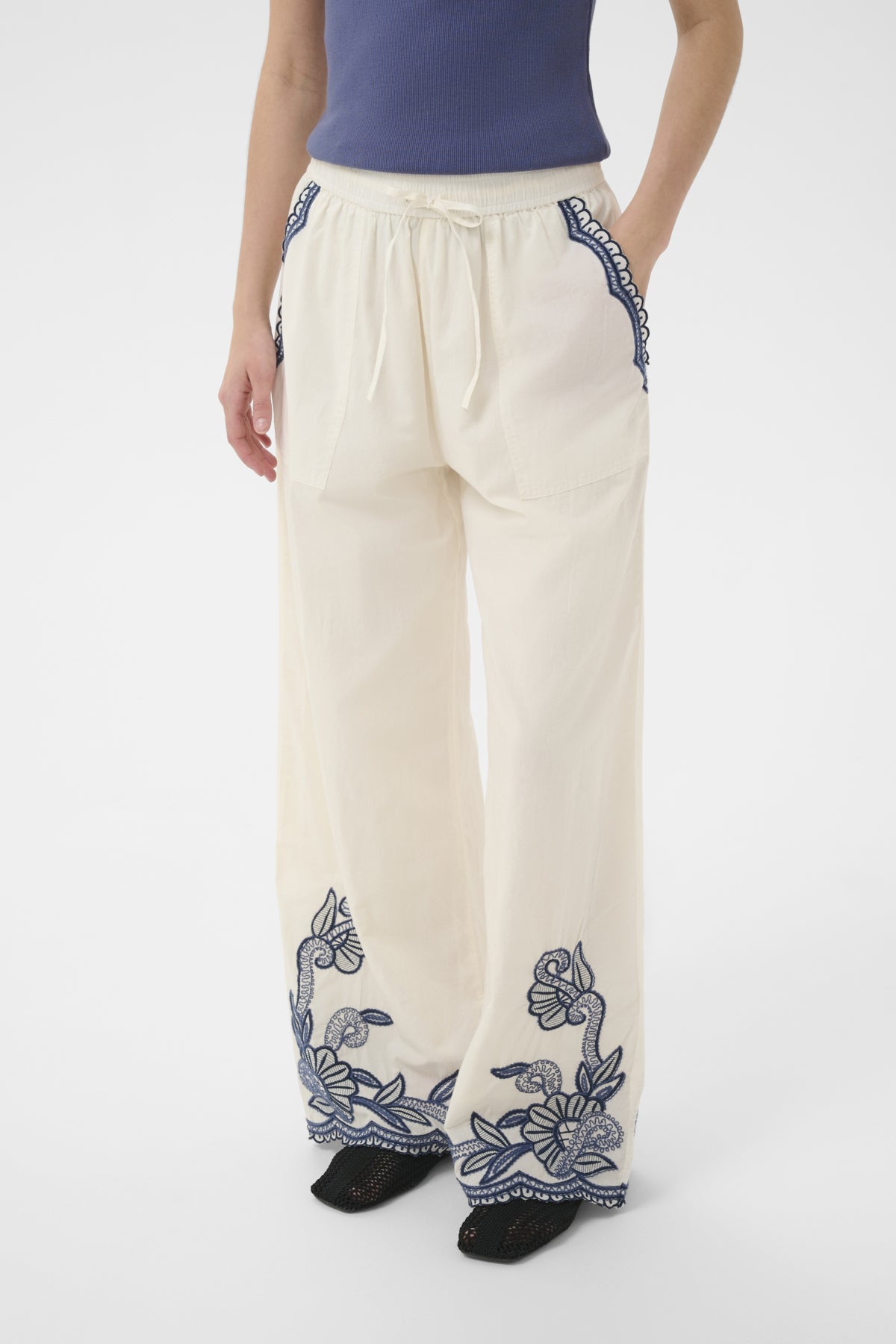BilanPW Pants Whisper White W Blue emb - 304 - 30310557