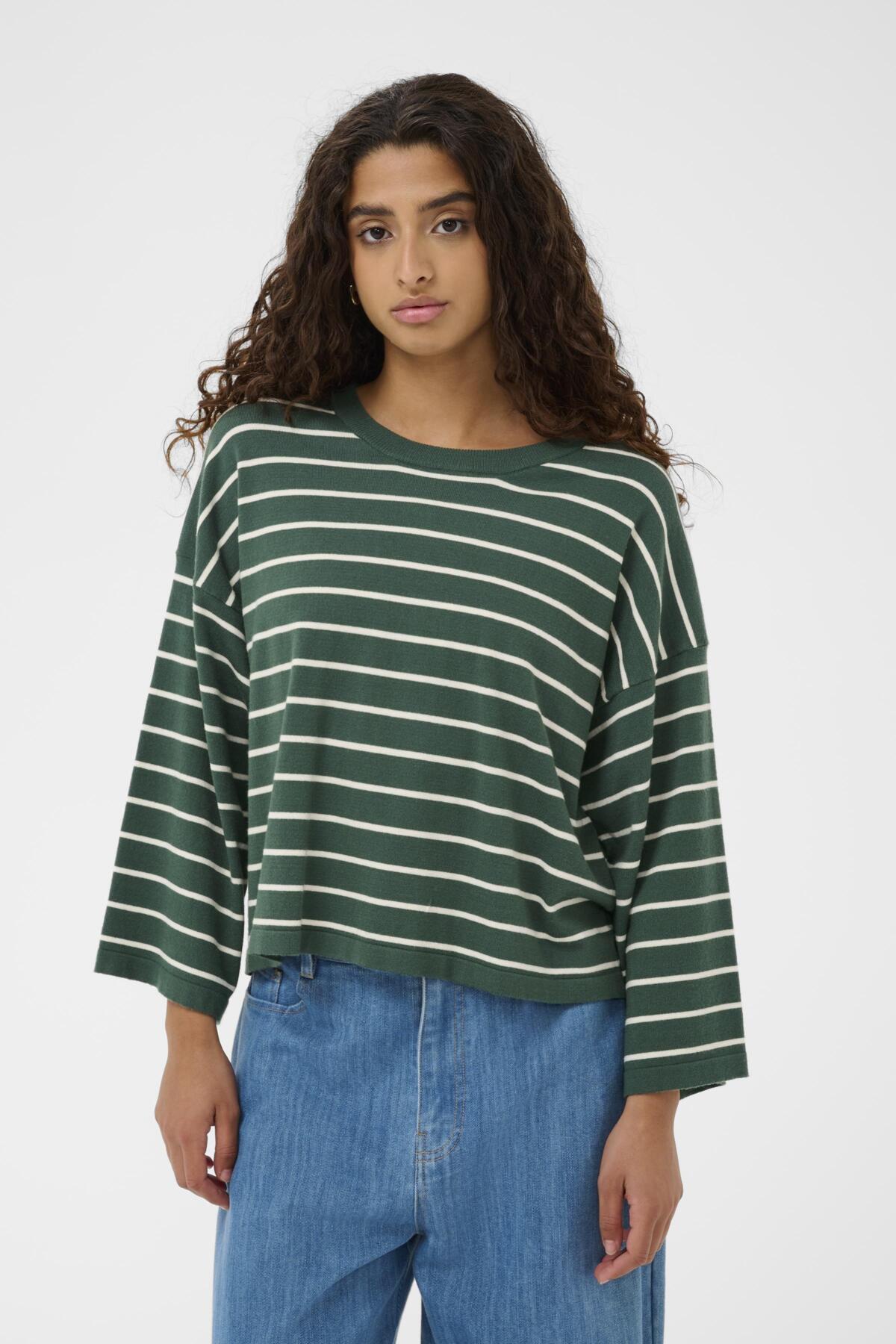 SLSpina Boxy Pullover Cropped Trekking Green w White Stripe - 30408863