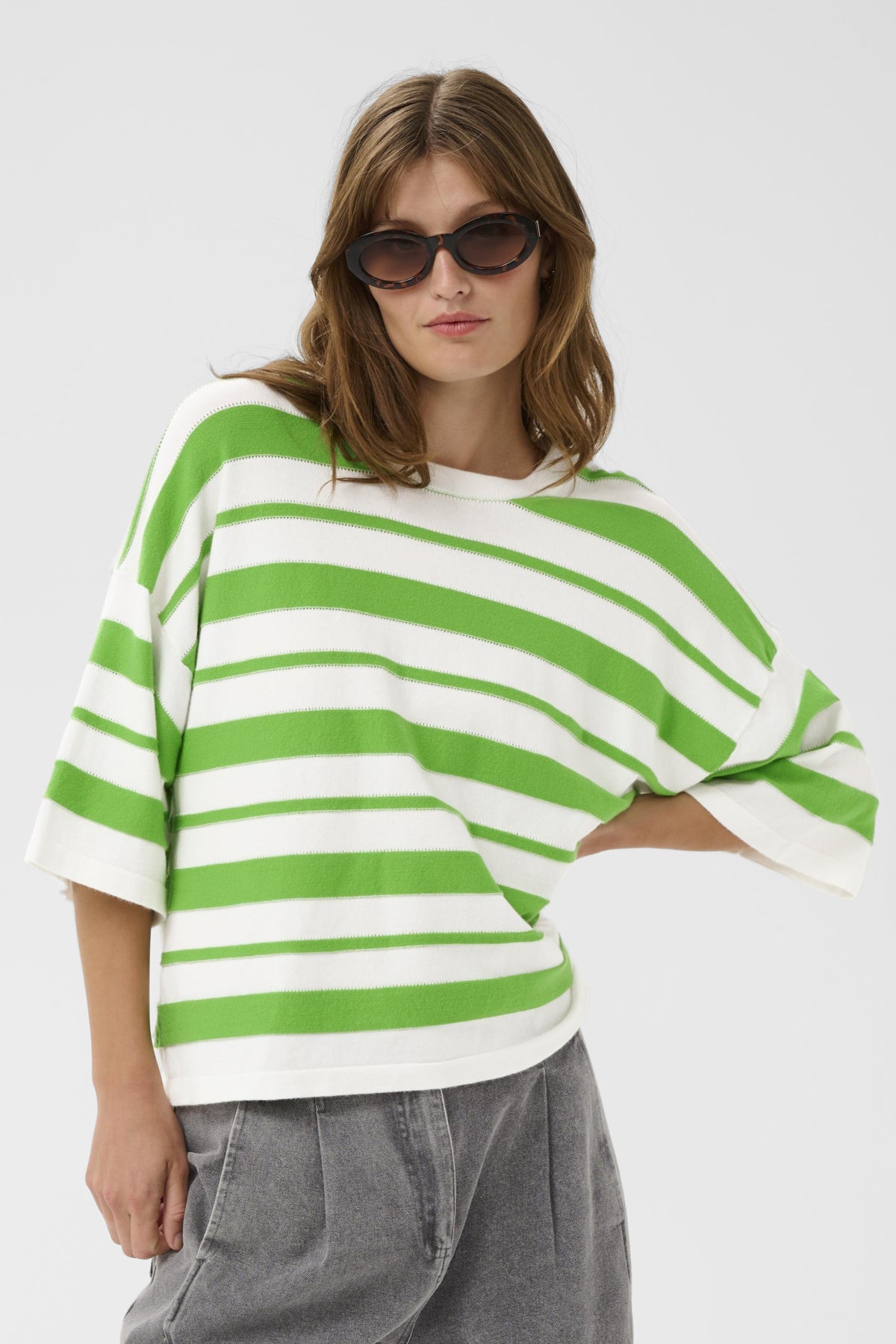 SLSpina Boxy Structure Pullove White w Green Stripe - 304694 - 30409012