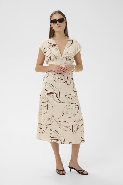 SLClero Midi Printed Dress Oatmeal Leave Print - 304871 - 30409240 Thumbnail
