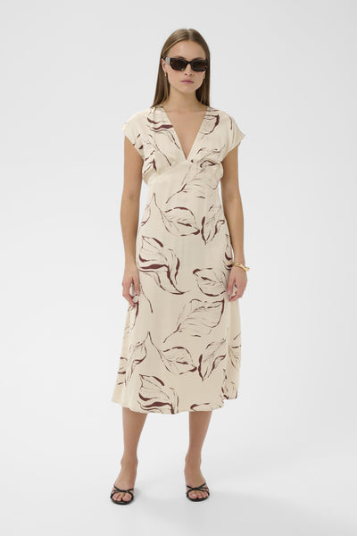 SLClero Midi Printed Dress Oatmeal Leave Print - 304871 - 30409240 Thumbnail