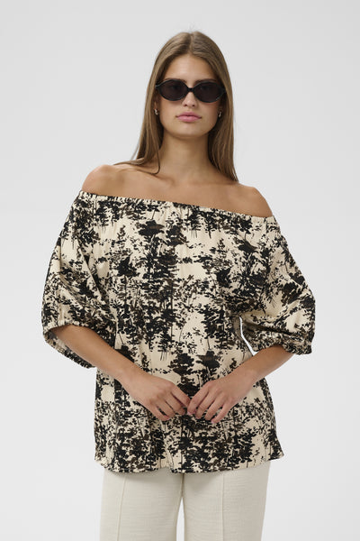 SLNaelle Printed Blouse SS Oatmeal Forest - 305085 - 30409345 Thumbnail