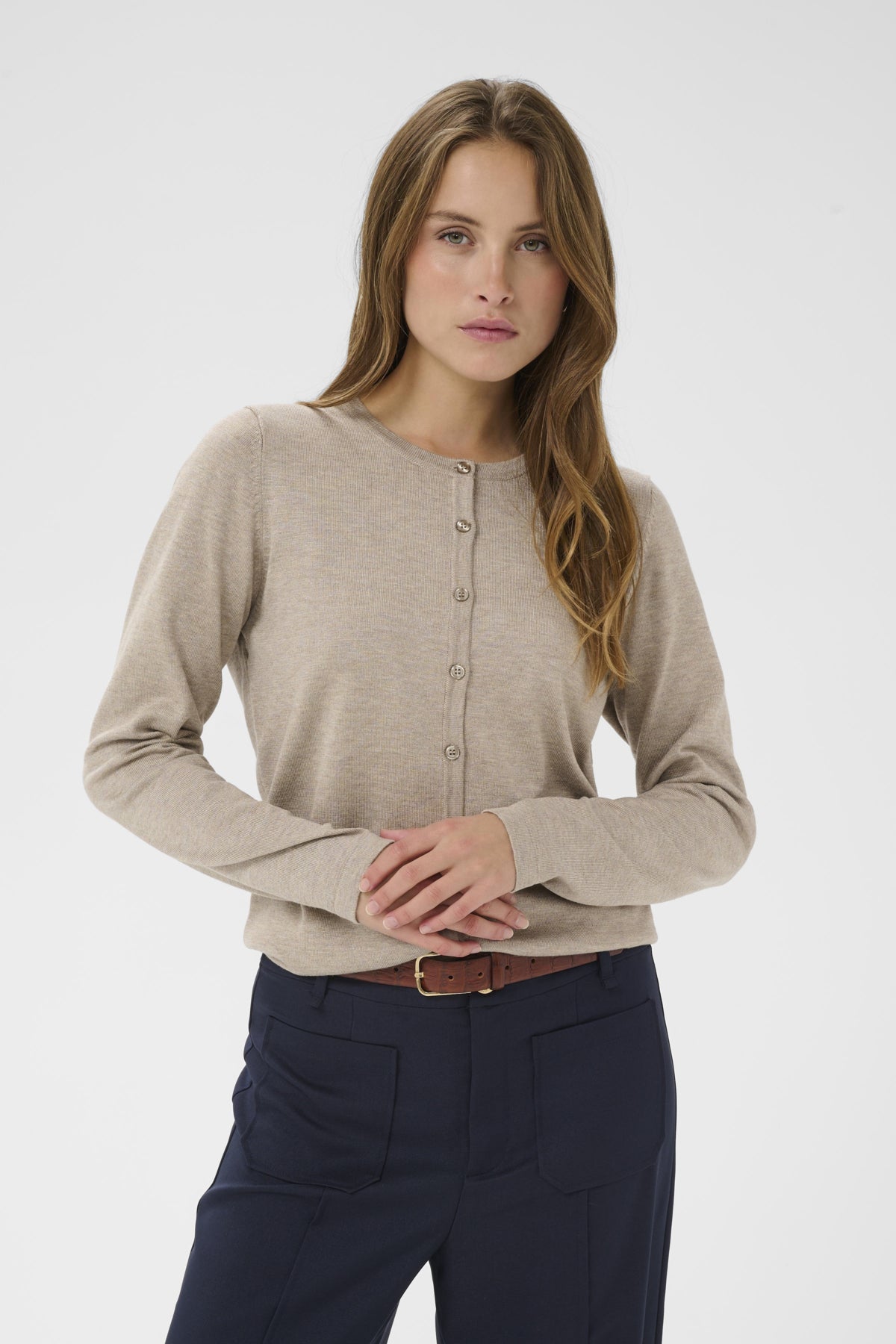 A8661, MilaSZ R-Neck Cardigan Greige Melange - 1611091 - 30500005