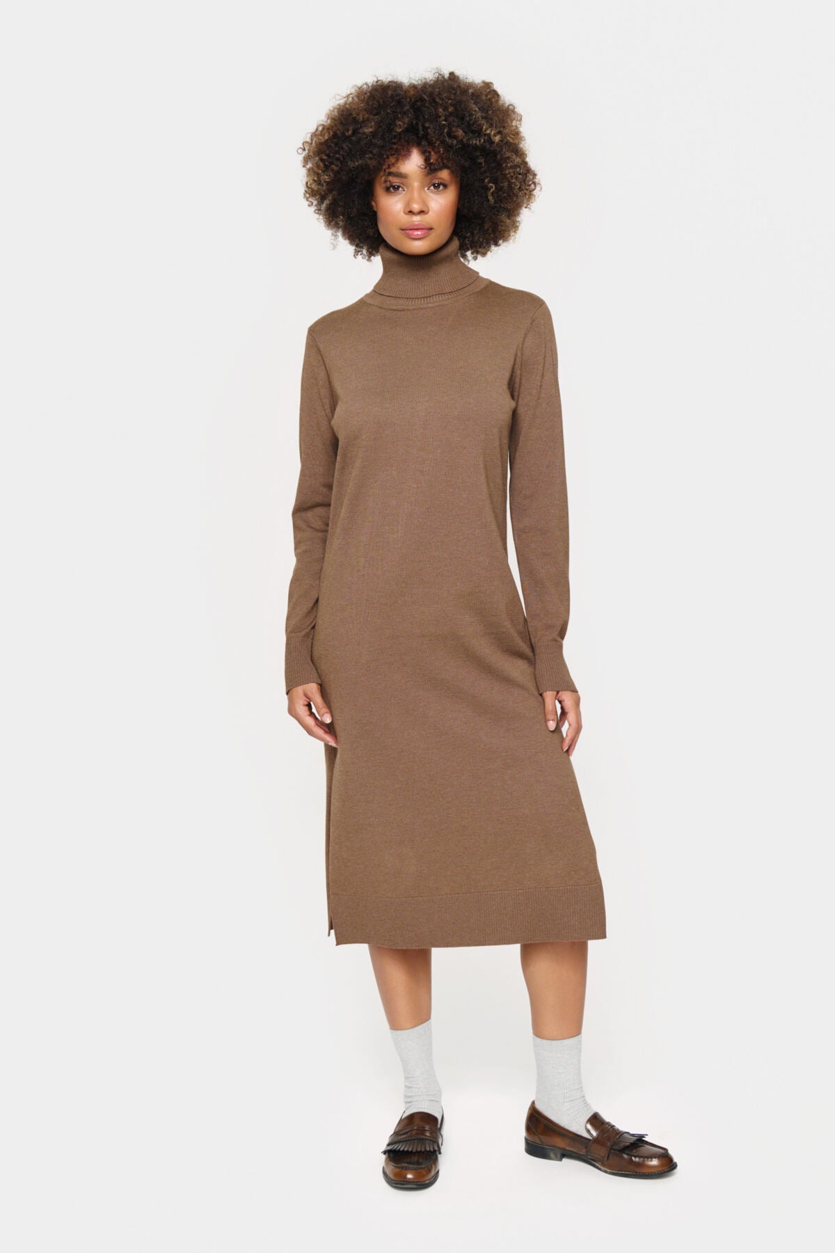 MilaSZ Roll Neck Long Dress Shitake Melange - 30511420
