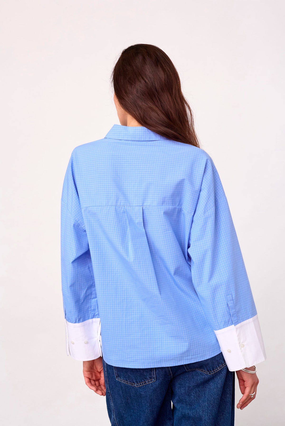ElonaCC Check Cuff Shirt 40004-Pale Blue - 500349