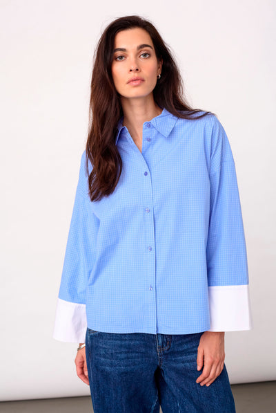 ElonaCC Check Cuff Shirt 40004-Pale Blue - 500349 Thumbnail