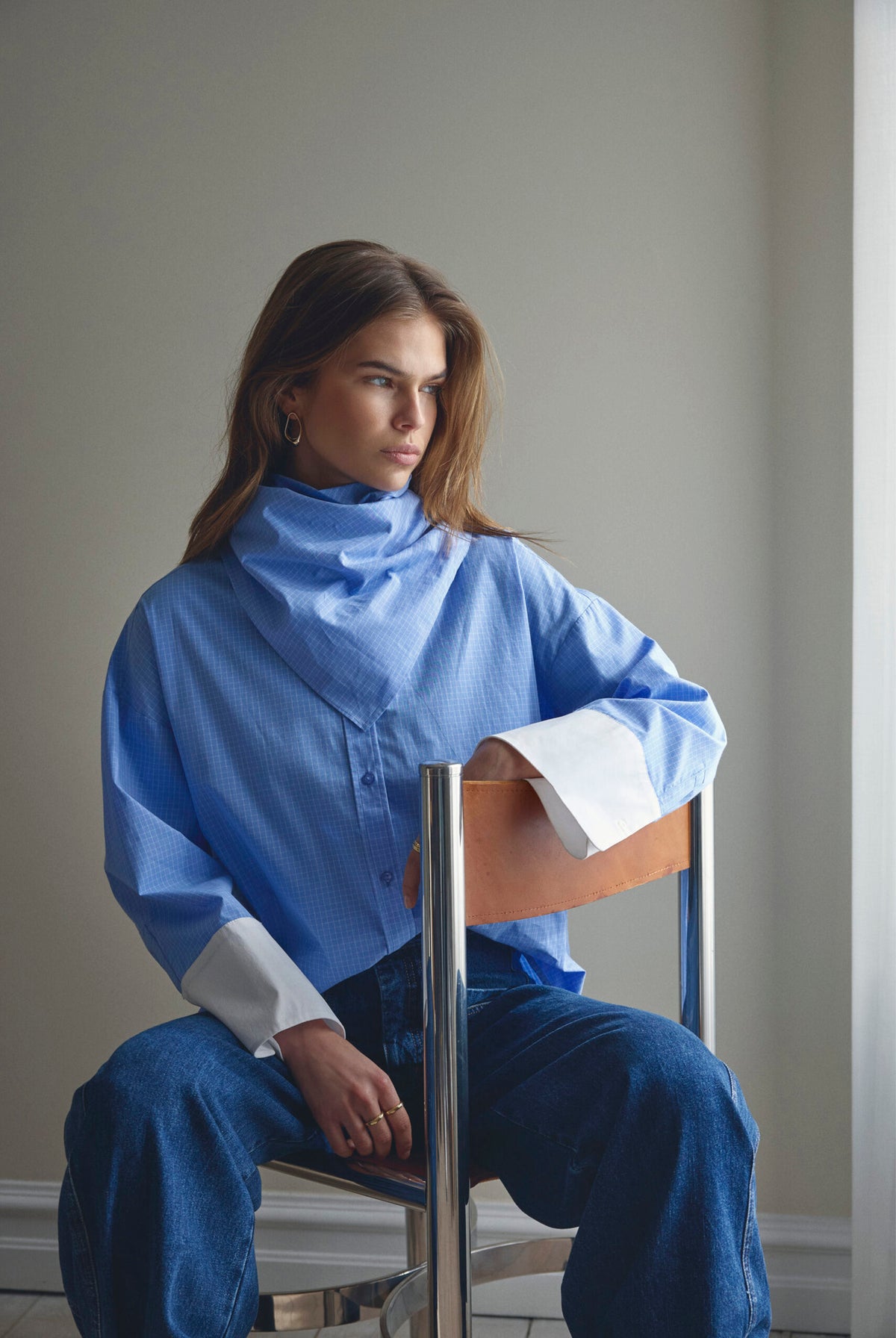 ElonaCC Check Cuff Shirt 40004-Pale Blue - 500349
