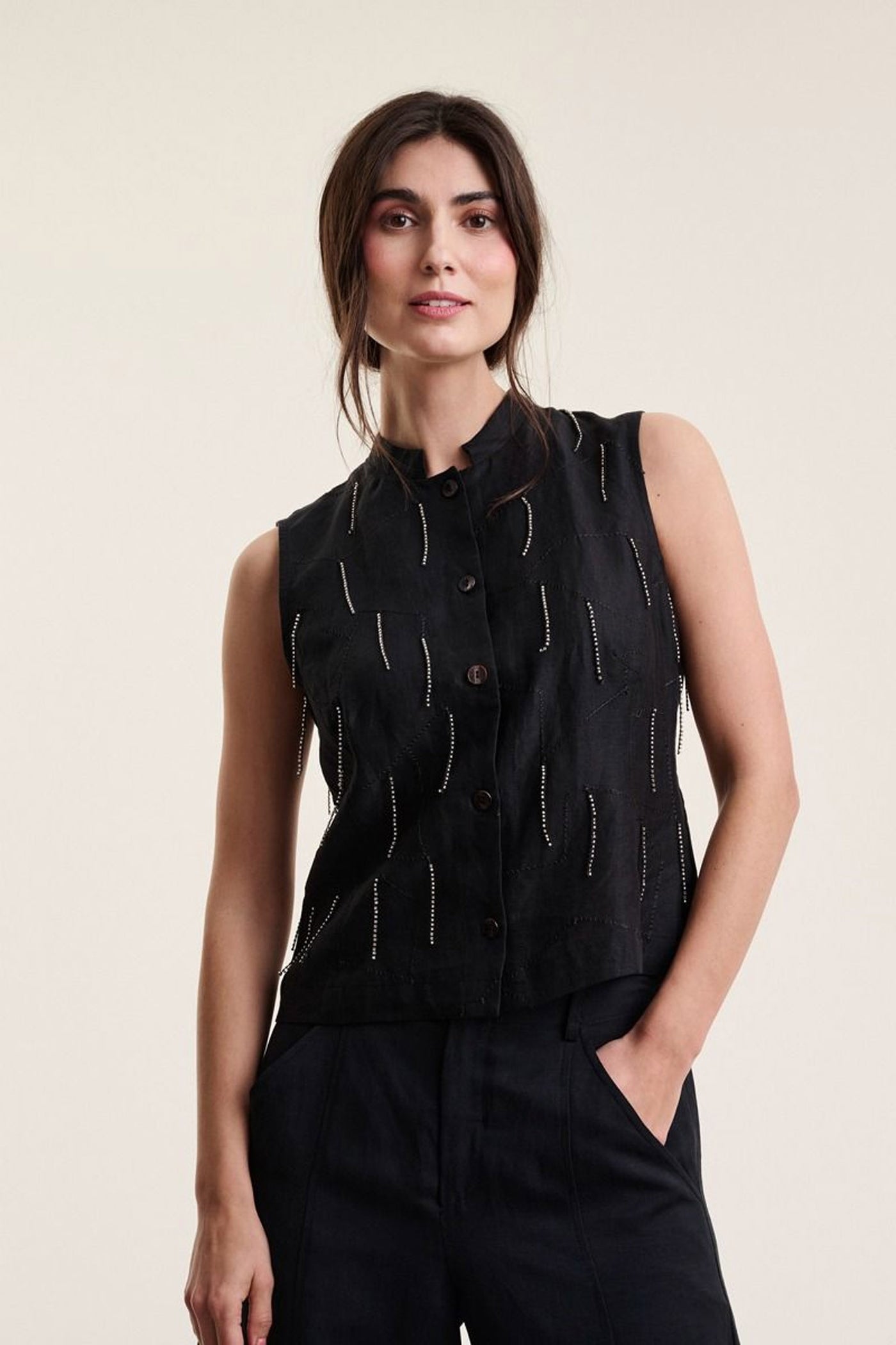 Airy linen vest med perler Black - 263-2136-5755