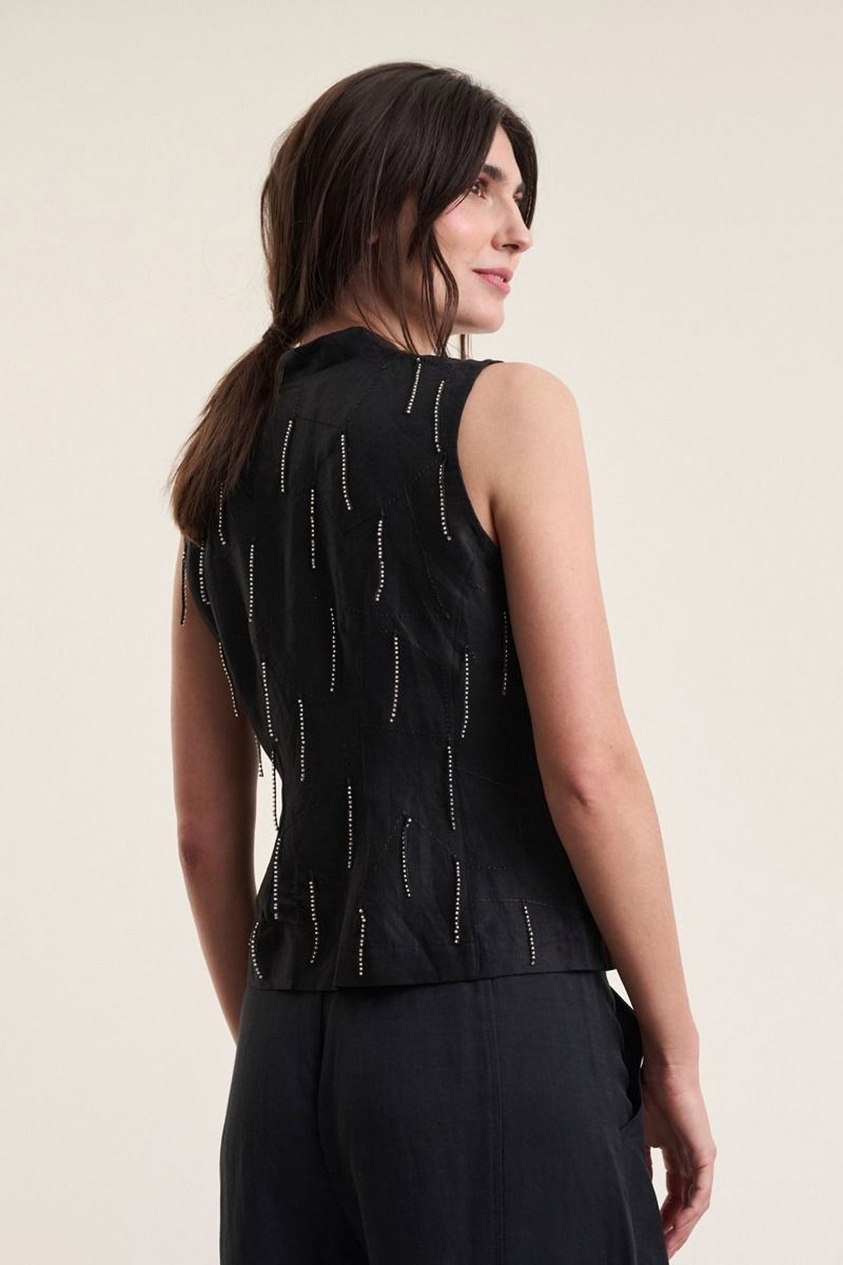 Airy linen vest med perler Black - 263-2136-5755