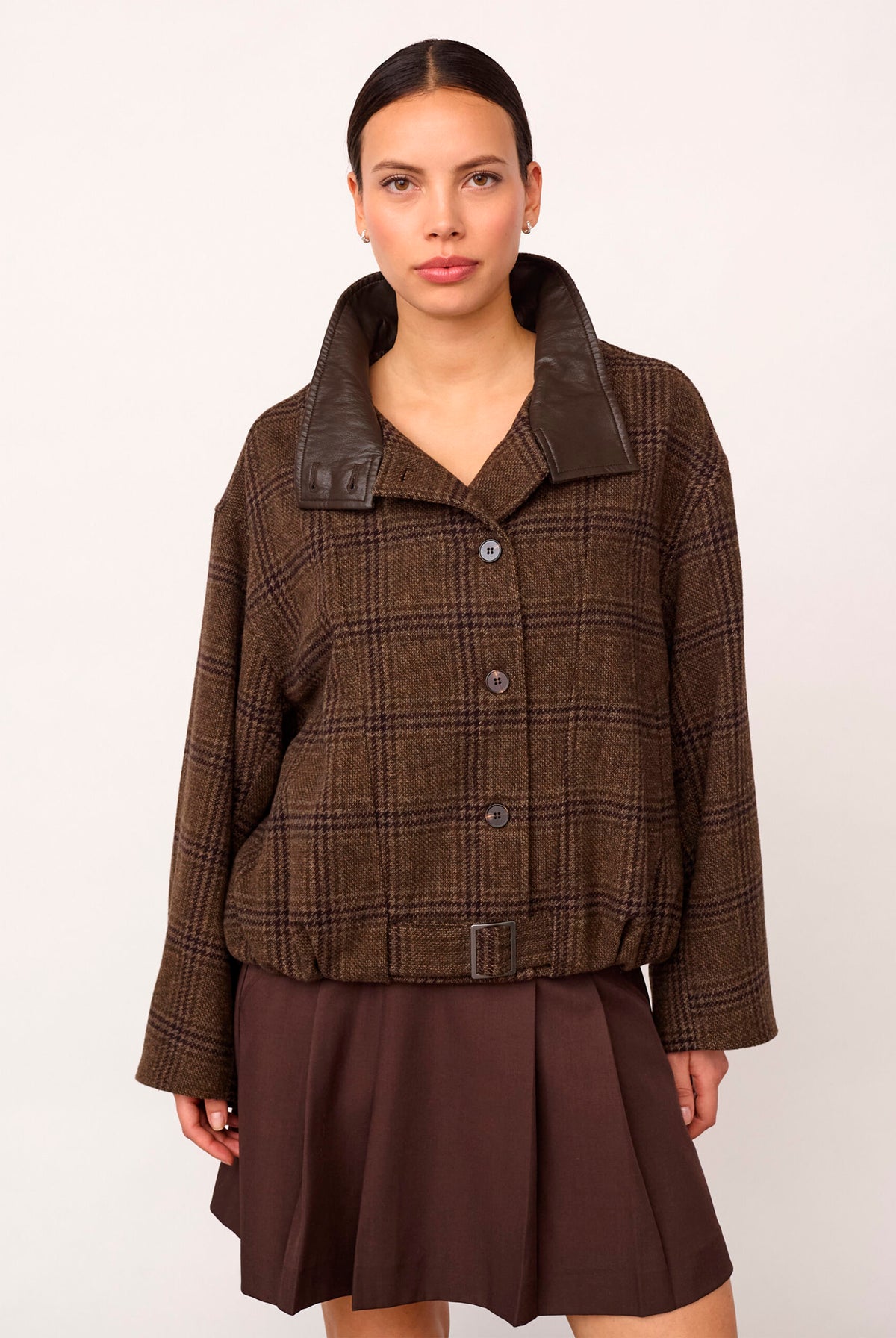 OlvaCC Check Balloon Jacket 20003-Dark Brown - 500170