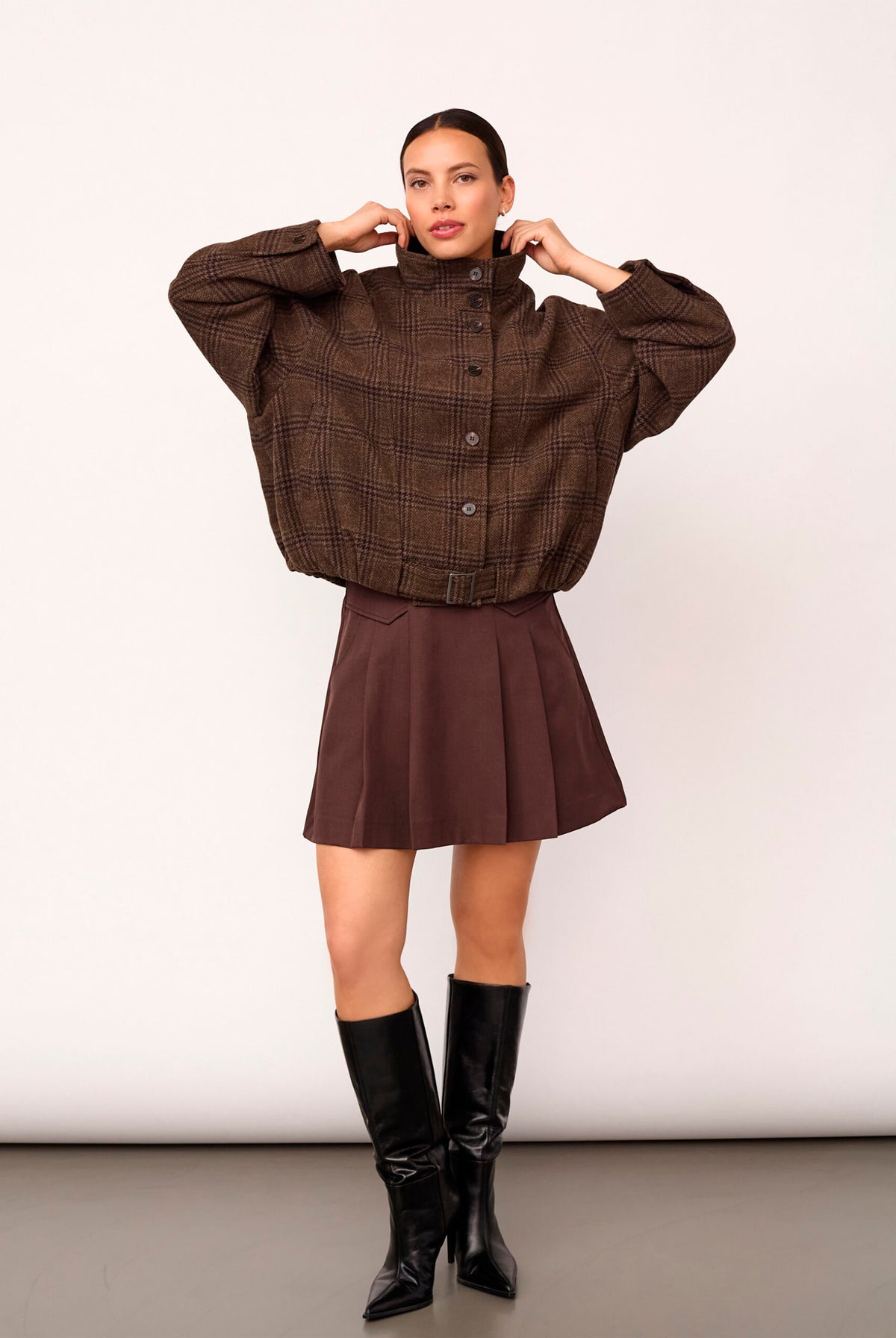 OlvaCC Check Balloon Jacket 20003-Dark Brown - 500170