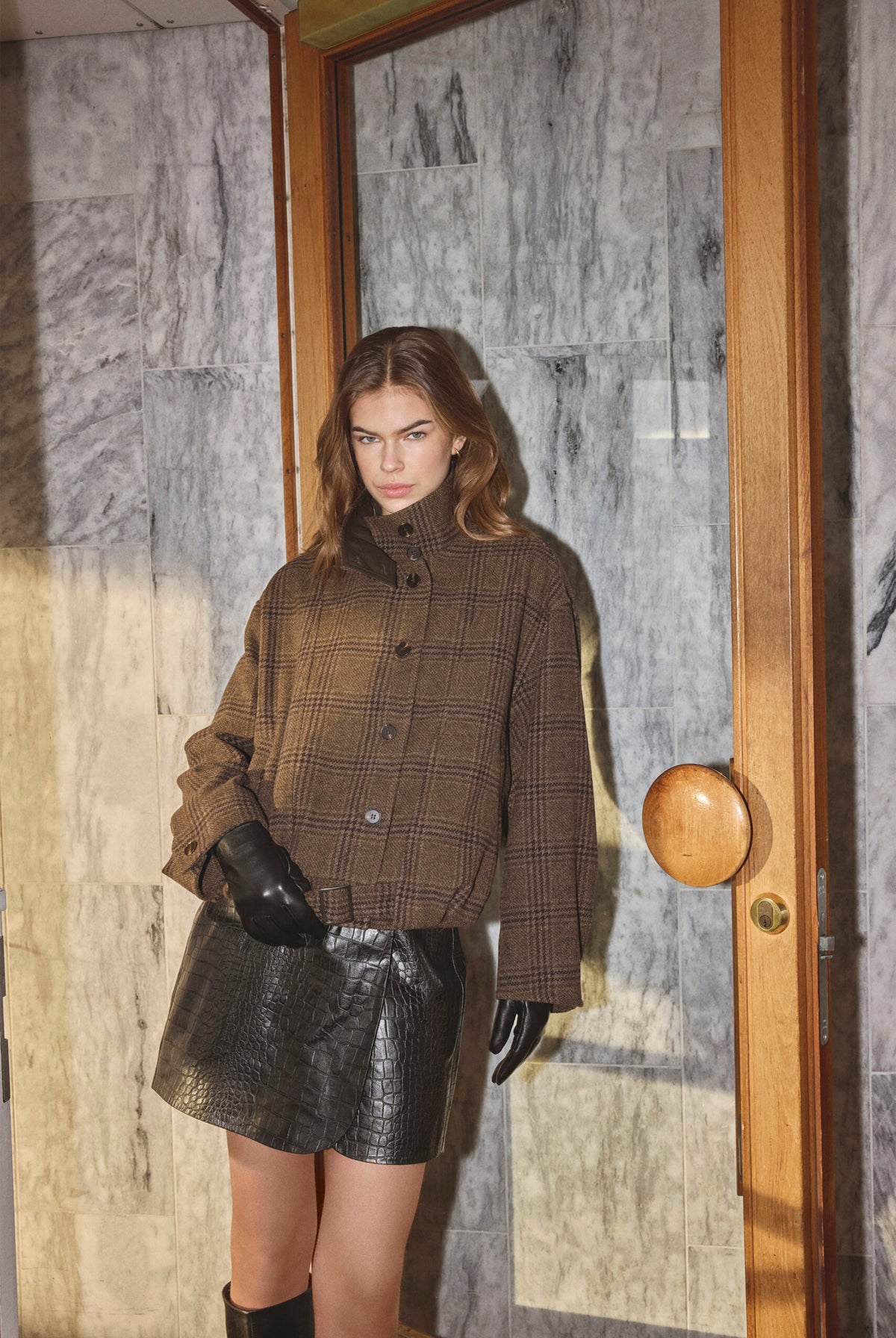 OlvaCC Check Balloon Jacket 20003-Dark Brown - 500170