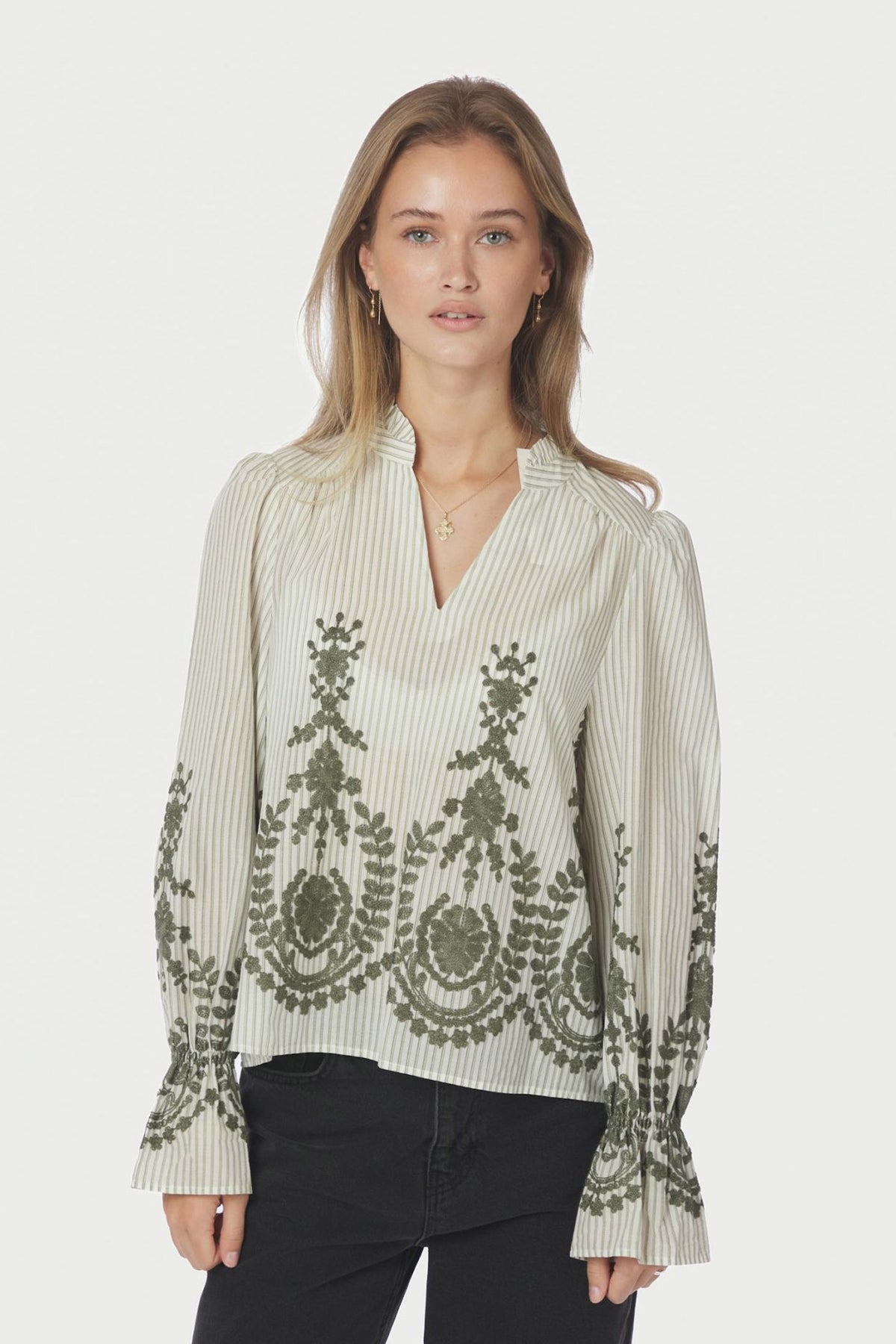 Amara Stripe Emb Blouse DUSTY GREEN - 163363