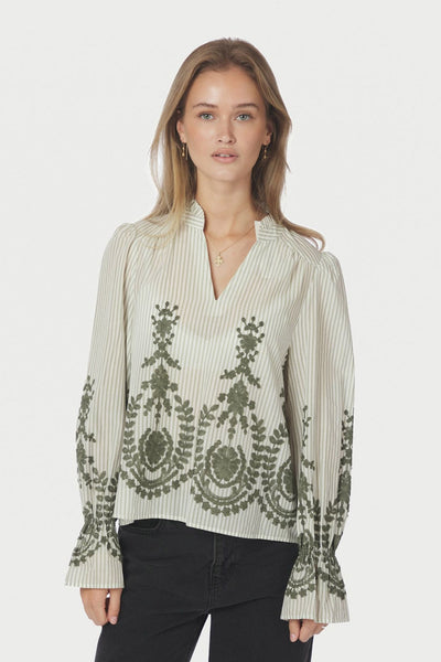 Amara Stripe Emb Blouse DUSTY GREEN - 163363 Thumbnail