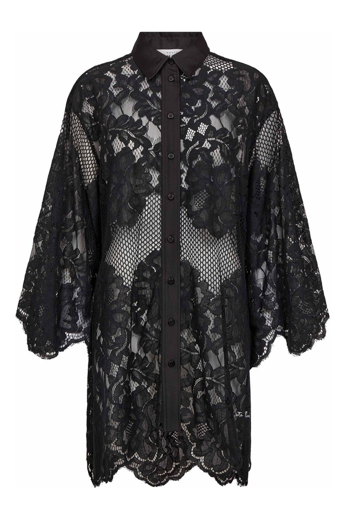 Curvey Lace Hem Midi Shirt Black - HL10223