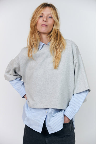 Danll Boxy Sweatshirt 3/4 13 Light Grey Melange - 26426-1079 Thumbnail